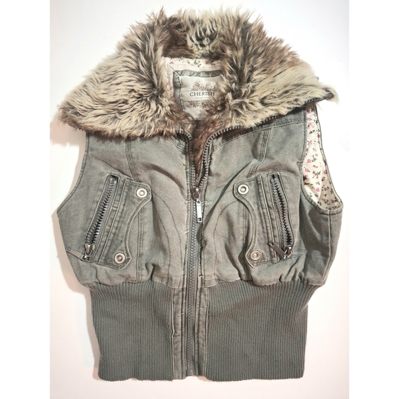 Y2K VTG Cherish Women’s Faux Fur Trim Green Canvas Vest Size Large - Picture 1 of 8